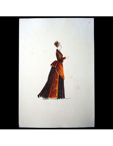 Projets de robes, ensemble de 3 dessins à l'aquarelle d'un dessinateur en costumes et robes (circa 1870) de votre