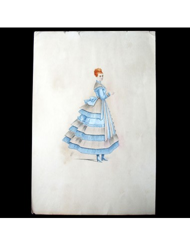 Projets de robes, ensemble de 2 dessins à l'aquarelle d'un dessinateur en costumes et robes (circa 1870) À commander