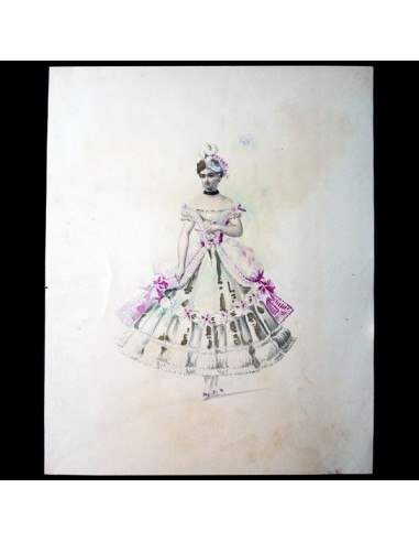 Projet de robe de bal, dessin à l'aquarelle d'un dessinateur en costumes et robes (circa 1860-1870) pour bénéficier 