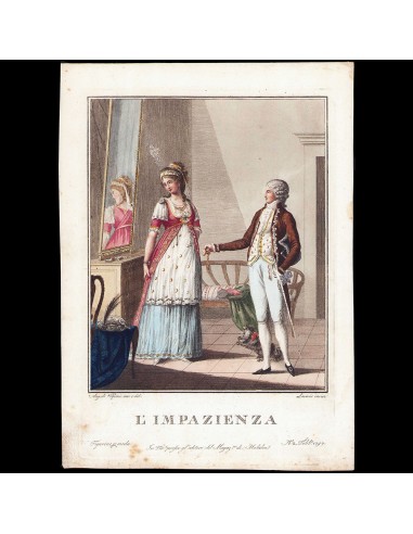 L'Impazienza, Figurino di moda n°2, gravure de mode italienne d'Angelo Volpini (1797) solde