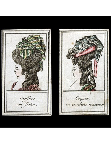 Coques en crochets renversés, Coiffure en fichu, ensemble de 2 gravures (circa 1780) sur le site 