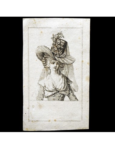 Elégante au chapeau et boucles d'oreilles à la créole, gravure d'almanach du XVIIIème siècle (circa 1780) en linge