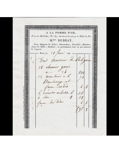 Facture du magasin de toiles A la Pomme d'Or, rue de Richelieu à Paris (1811) Profitez des Offres !