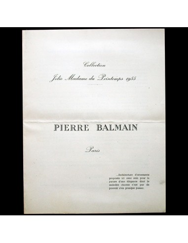 Balmain, programme de défilé, Collection Jolie Madame du Printemps 1955 de l' environnement