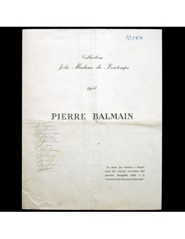 Balmain, programme de défilé, Collection Jolie Madame du Printemps 1954 meilleur choix