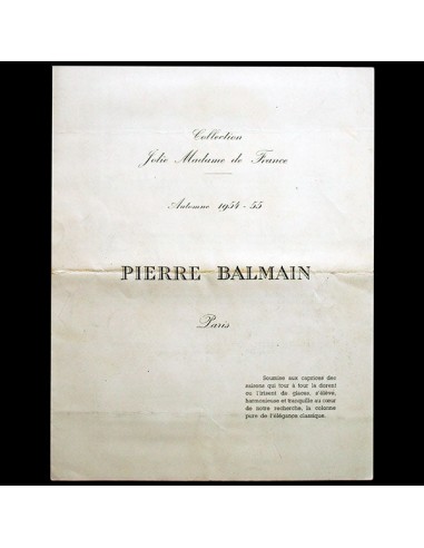 Balmain, programme de défilé, Collection Jolie Madame de France de l'Automne-Hiver 1954-1955 à prix réduit toute l'année