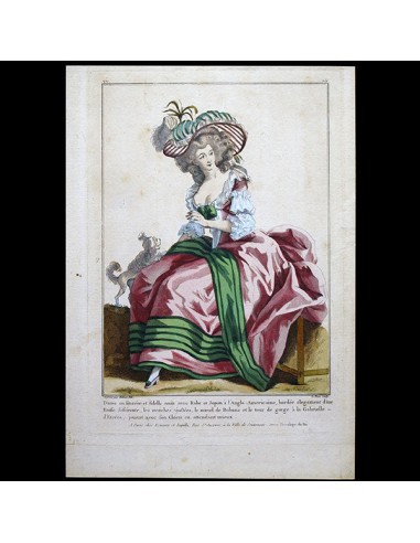 Gallerie des Modes et Costumes Français, 1778-1787, gravure n° vv 254, Dame en sincère et fidèle amie par Watteau (1784) store