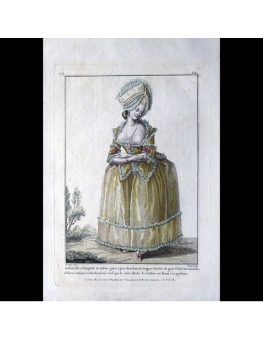 Gallerie des Modes et Costumes Français, gravure n° qq 234, Déshabillé à l'Anglaise de taffetas garni (1782) votre