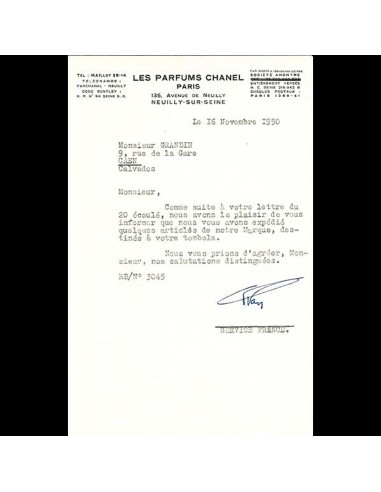 Lettre des Parfums Chanel, avenue de Neuilly, Neuilly-sur-Seine (1950) de votre