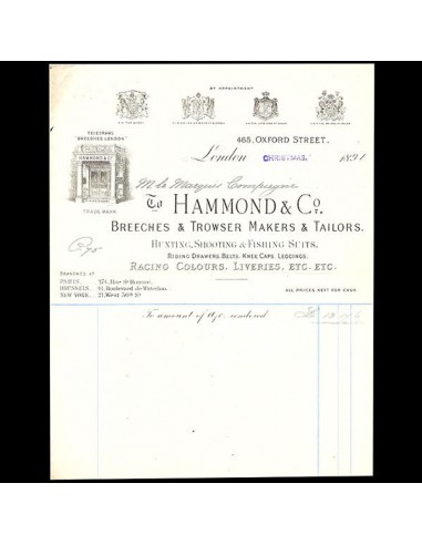 Facture du tailleur Hammond and co, 465 Oxford Street à Londres (1891) pour bénéficier 