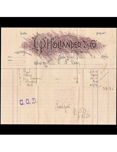 L.P. Hollander - Facture de L.P. Hollander, 210 Fifth Avenue, Madison Square à New York (1896) suggérées chez