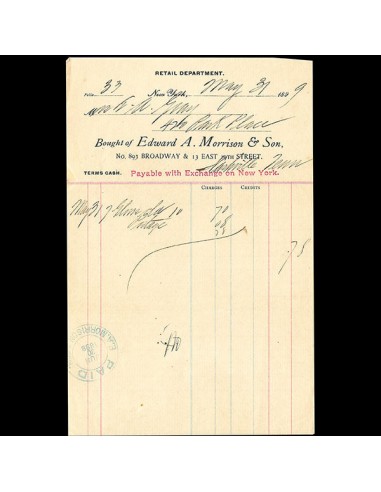 Edward A. Morrison - Facture de Edward A. Morrison, 893 Broadway 13 East 19th Street à New York (1899) Voir les baskets