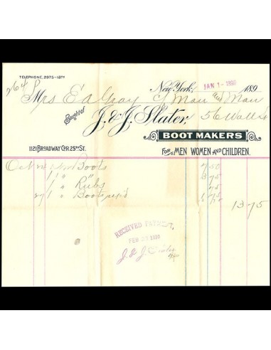 J. & J. Slater - Facture de J. & J. Slater, 1121 Broadway 25th Street à New York (1899) le des métaux précieux