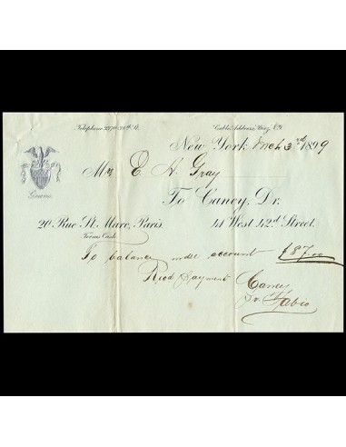 Caney Dr. - Facture de Caney Dr. 41 West 42nd Street à New York (1899) pour bénéficier 