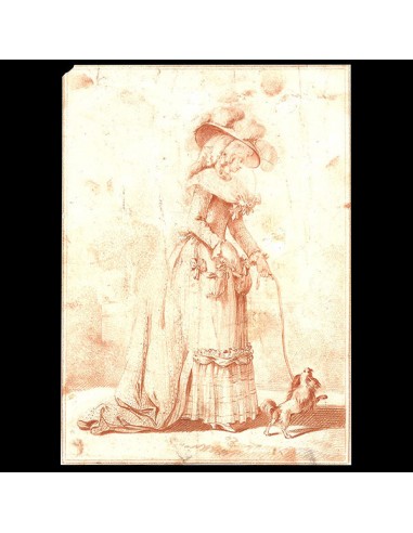 Elégante promenant son chien, gravure de mode de la suite Etude pour les Demoiselles d'après Jean-Baptiste Huet (1783) soldes