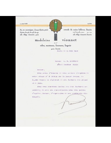 Vionnet - Lettre d'accusé de réception, 50 avenue Montaigne à Paris (9 juin 1928) pour bénéficier 