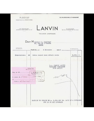 Facture de la maison Lanvin Tailleur Chemisier, 15 Faubourg Saint-Honoré à Paris (1942) Découvrez la collection