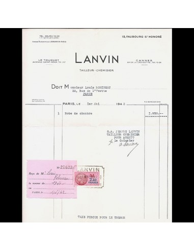 Facture de la maison Lanvin Tailleur Chemisier, 15 Faubourg Saint-Honoré à Paris (1942) Fin de série