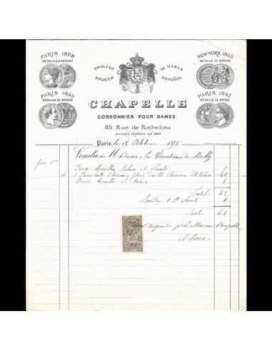 Facture de la maison Chapelle, cordonnier pour dames, 85 rue de Richelieu à Paris (1895) pas chere