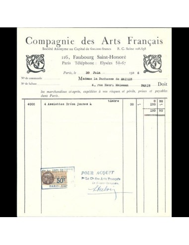 Facture de la maison de décoration la Compagnie des Arts Français, 116 faubourg Saint-Honoré à Paris (1926) les ctes