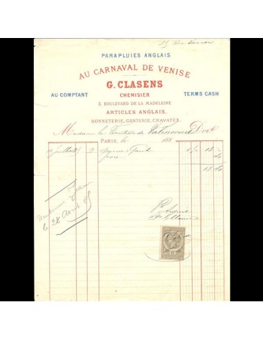 Facture du Carnaval de Venise, G. Clasens chemisier, 3 boulevard de la Madeleine à Paris (1885) la livraison gratuite