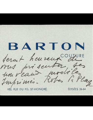 Carton d'invitation de la maison Barton, 102 faubourg Saint Honoré à Paris (circa 1935) En savoir plus