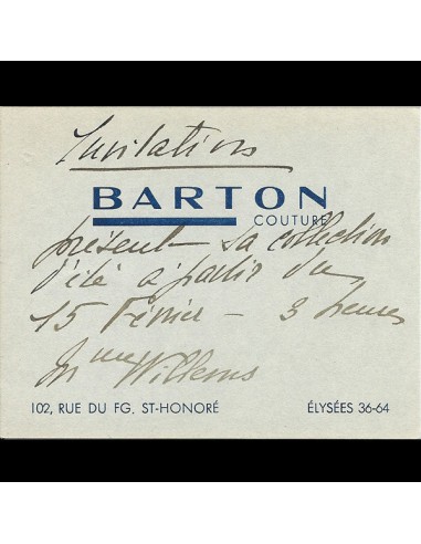 Carton d'invitation de la maison Barton, 102 faubourg Saint Honoré à Paris (circa 1935) votre