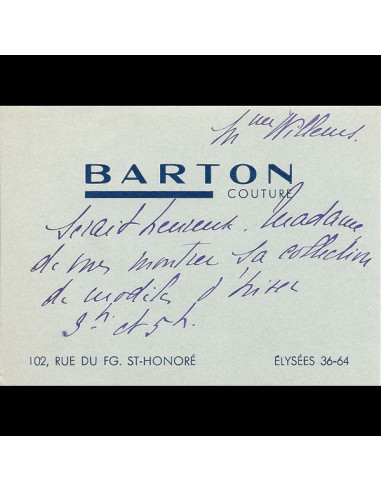 Carton d'invitation de la maison Barton, 102 faubourg Saint Honoré à Paris (circa 1935) en stock