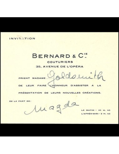 Carton d'invitation de la maison Bernard et cie, 35 avenue de l'Opéra à Paris (circa 1935) 50% de réduction en Octobre 2024