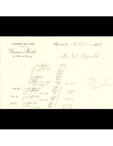 Facture de la maison Germaine Baehr, 55 rue de Lancry à Paris (1928) français