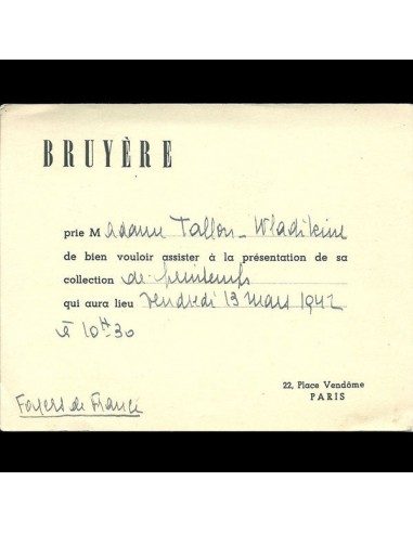 Carton d'invitation de la maison Bruyere, 22 place Vendôme à Paris (1942) Comparez plus de prix