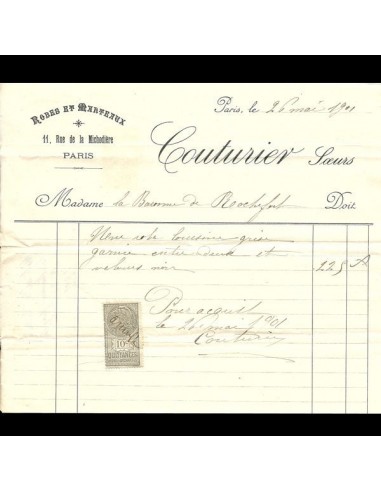 Facture de Couturier Soeurs, 11 rue de la Michodière à Paris (1901) d'Europe débarque