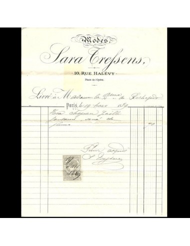 Facture de la maison de modes Sara Trefsens, 10 rue Halevy à Paris (1889) En savoir plus