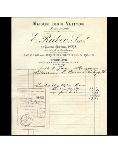 Facture de la maison Louis Vuitton, Emile Rabec, 57 avenue Marceau à Paris (1892) Le MVP de beaucoup