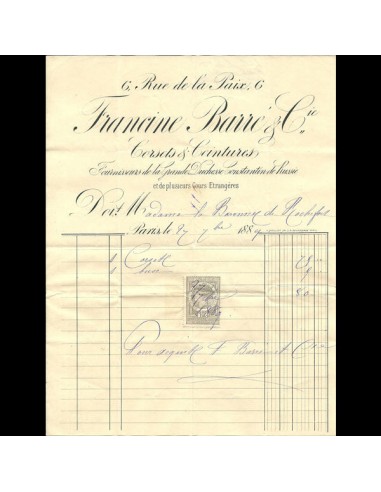 Facture de Francine Barré et cie, 6 rue de la Paix à Paris (1889) Voir les baskets