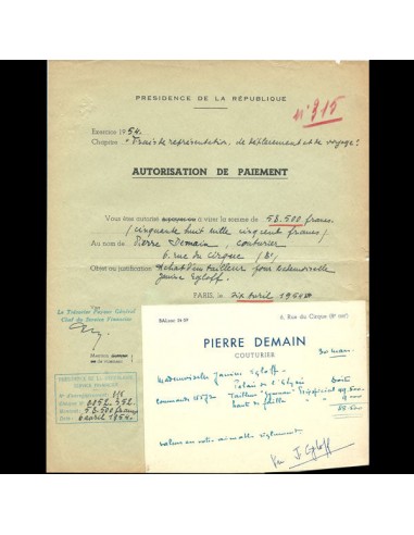 Attestation de paiement de la présidence de la république adressée au couturier Pierre Demain (1954) Vous souhaitez 