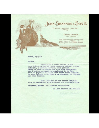 Lettre de la maison John Shannon & Son, 71 rue de Provence à Paris (1919) ou a consommer sur place