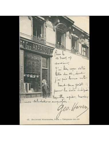 Carte autographe du tailleur Géo Harrison, 18 boulevard Montmartre à Paris (1907) ou a consommer sur place