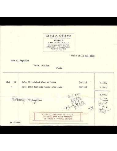 Facture de Molyneux (1928) Economisez 