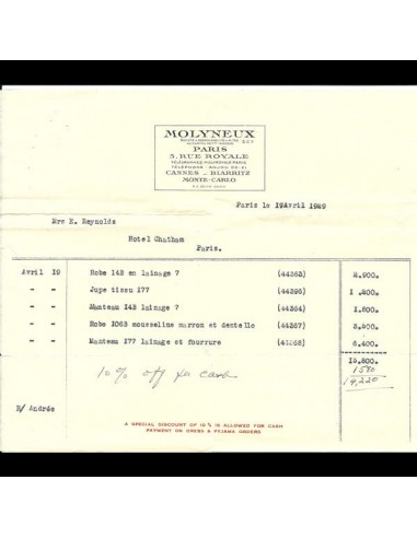 Facture de Molyneux (1929) Les magasins à Paris et en Île-de-France