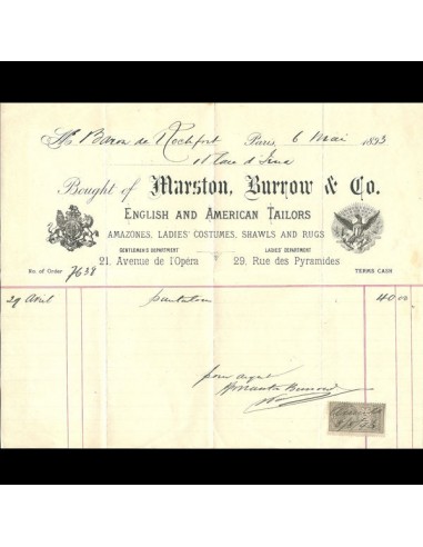 Facture du tailleur Marston, Burrow & co, 21 avenue de l'opéra à Paris (1893) pour bénéficier 